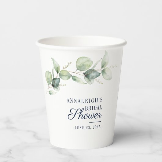 Waterverf Eucalyptus Script Bruidsdouche Papieren Bekers (Achterkant)