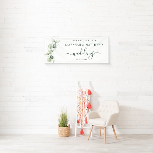 Waterverf Eucalyptus Script Bruiloft Spandoek (Insitu)