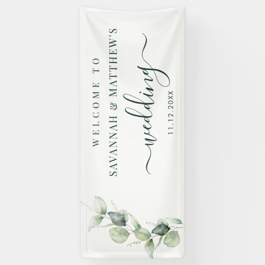 Waterverf Eucalyptus Script Bruiloft Spandoek (Verticaal)