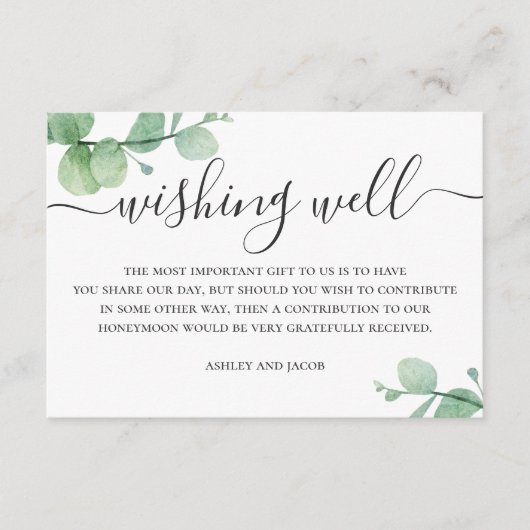 Waterverf eucalyptus script bruiloft wensen goed informatiekaartje (Voorkant)
