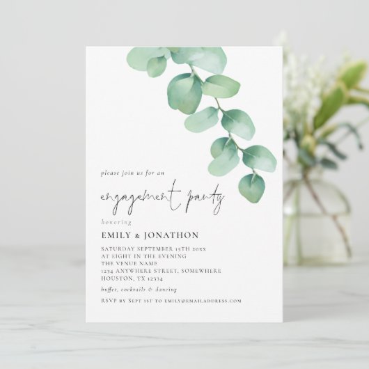 Waterverf Eucalyptus Script Engagement Party Kaart (Staand voorkant)