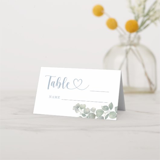 Waterverf eucalyptus stoffig blauw bruiloft plaatskaartje (Voorkant)