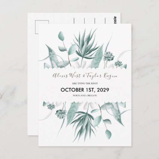 Waterverf Eucalyptus & Succulent Bewaar de datum Briefkaart (Voorkant / Achterkant)