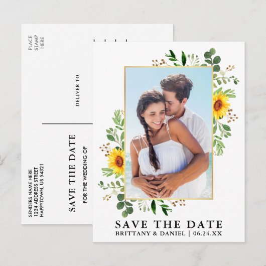 Waterverf Eucalyptus Sunflower Save the Date Briefkaart (Voorkant / Achterkant)