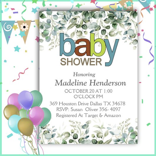 Waterverf Eucalyptus tak Baby shower Kaart