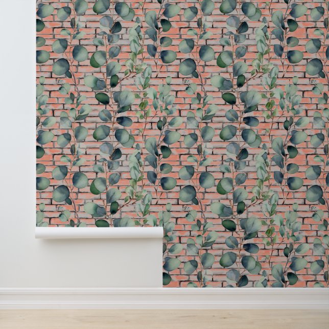 Waterverf Eucalyptus tak baksteen verlaat groen Behang (Applicatie)