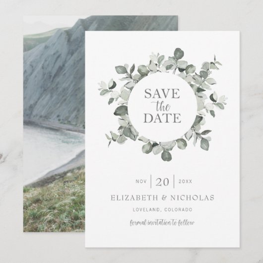 Waterverf Eucalyptus Trouwfoto Save The Date (Voorkant / Achterkant)