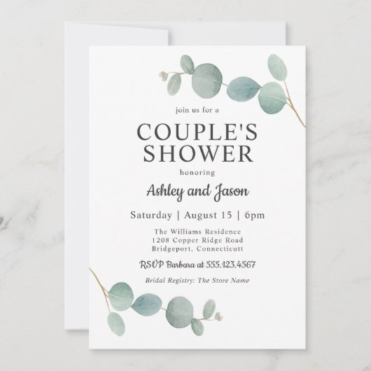 Waterverf Eucalyptus Trouwpaar Douche Kaart (Voorkant)