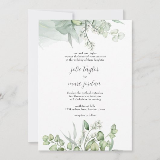 Waterverf Eucalyptus verlaat script bruiloft Kaart (Voorkant)