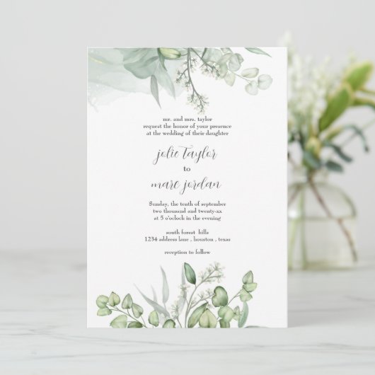 Waterverf Eucalyptus verlaat script bruiloft Kaart (Staand voorkant)