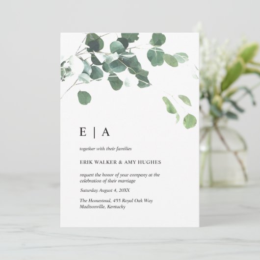 Waterverf eucalyptus verlaat trouwuitnodiging kaart (Staand voorkant)