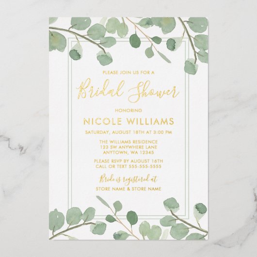 Waterverf Eucalyptus Vrijgezellenfeest Gold Folie Uitnodiging (Voorkant)