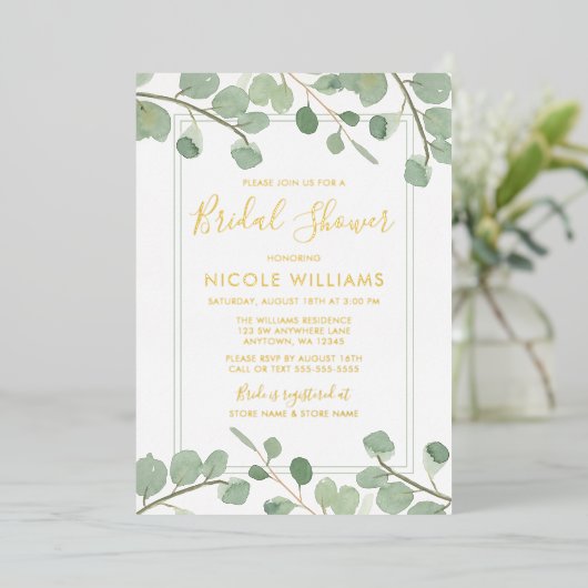 Waterverf Eucalyptus Vrijgezellenfeest Gold Folie Uitnodiging (Staand Voorkant)