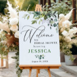 Waterverf Eucalyptus Vrijgezellenfeest Welkomsttek Poster<br><div class="desc">Welkom gasten op je bruiloft met White Roses Floral Greenery Vrijgezellenfeest Welkom Poster,  met een lush waterverf botanische groen en witte bloemen,  met "welkom in ons geluk ooit daarna",  je namen,  en trouwdatum in een chique mix van moderne bloklettertypen en met de hand geschreven kalligrafie.</div>