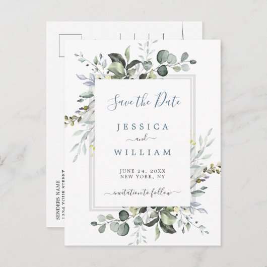 Waterverf Eucalyptus Weddenschap Opslaan Datum Aankondigingskaart (Voorkant / Achterkant)