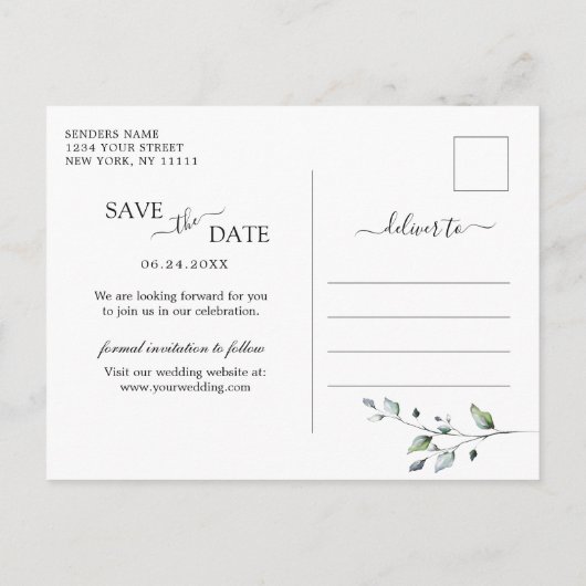 Waterverf Eucalyptus Weddenschap Opslaan Datum Aankondigingskaart (Achterkant)