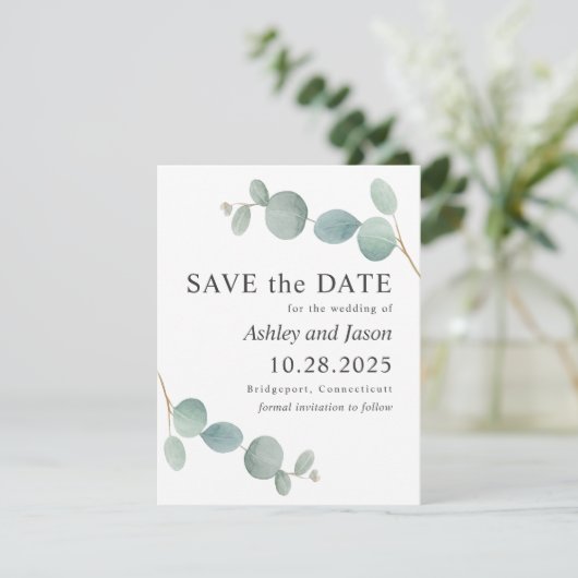 Waterverf Eucalyptus Weddenschap Opslaan Datum Save The Date (Staand voorkant)