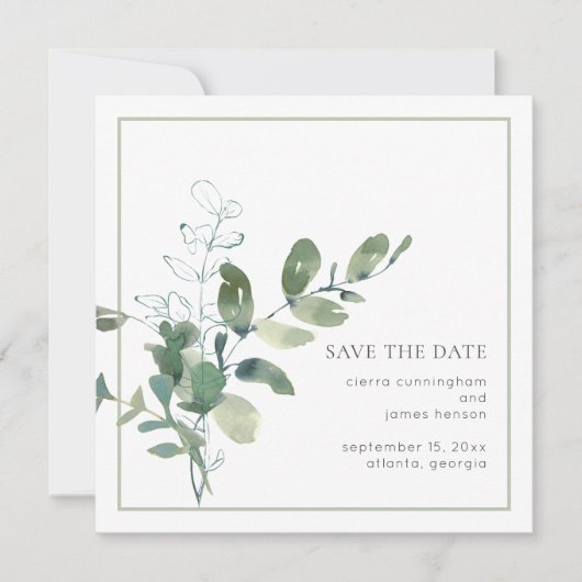 Waterverf Eucalyptus Weddenschap opslaan Datum Save The Date (Voorkant)