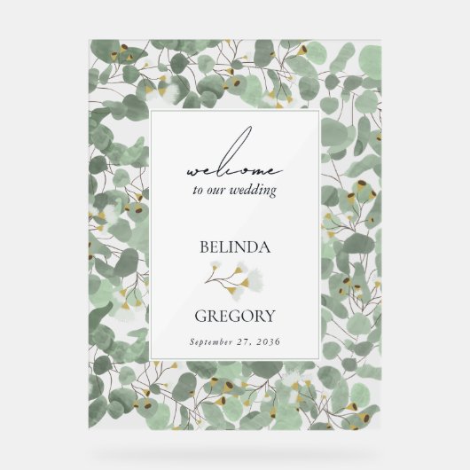 Waterverf Eucalyptus Weddenschap Welkomstteken Acryl Bord (Voorkant)