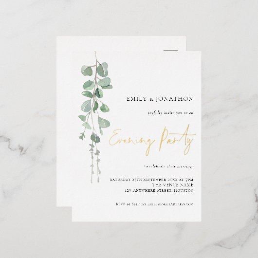 Waterverf Eucalyptus Weddenschappen Evening Party  Folie Uitnodiging Briefkaart (Voorkant / Achterkant)
