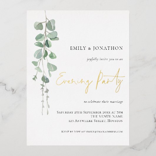 Waterverf Eucalyptus Weddenschappen Evening Party  Folie Uitnodiging Briefkaart (Voorkant)
