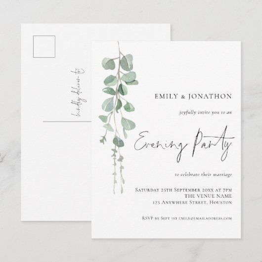 Waterverf Eucalyptus Wedding Evening Party Uitnodiging Briefkaart (Voorkant / Achterkant)