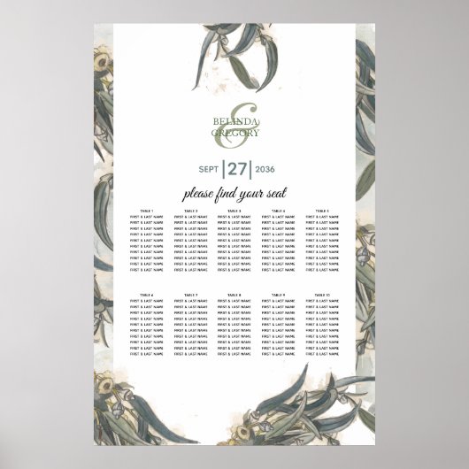 Waterverf Eucalyptus Wedding Seating Chart Poster (Voorkant)