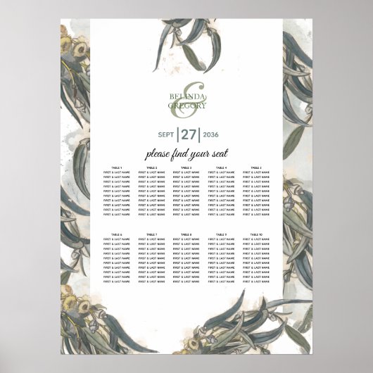 Waterverf Eucalyptus Wedding Seating Chart Poster (Voorkant)