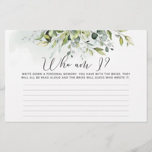 Waterverf eucalyptus Wie ben ik bruidsfeest spel Briefpapier (Voorkant)