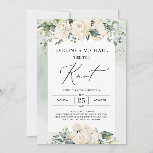 Waterverf eucalyptus witte rozen elopement kaart (Voorkant)