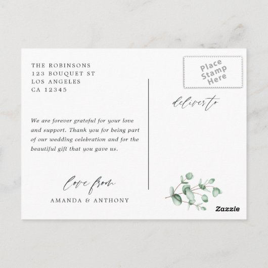 Waterverf Eucalyptus Woodland groen dank u Briefkaart (Achterkant)