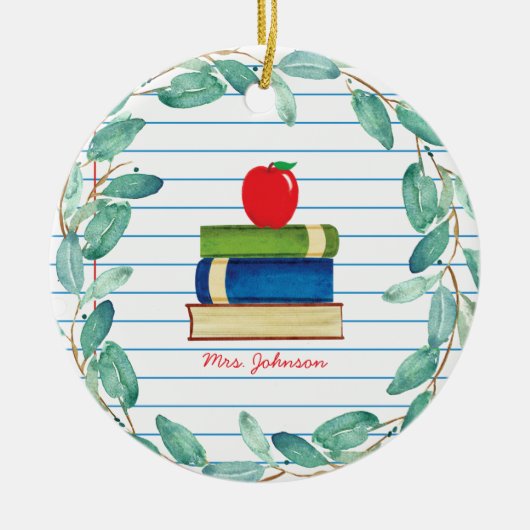 Waterverf Eucalyptus Wreath Apple Books Leerster Keramisch Ornament (Voorkant)