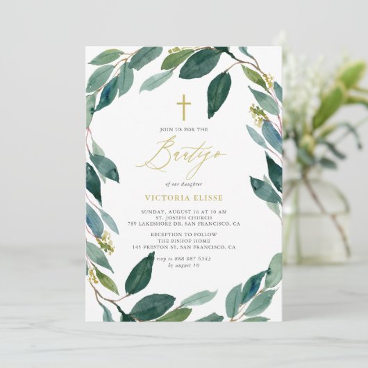 Waterverf Eucalyptus Wreath Bautizo Kaart (Staand voorkant)