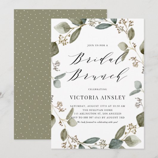 Waterverf Eucalyptus Wreath Bridal Brunch Kaart (Voorkant / Achterkant)