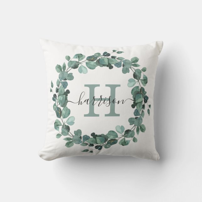 Waterverf Eucalyptus Wreath Greenery Monogram Kussen (Voorkant)
