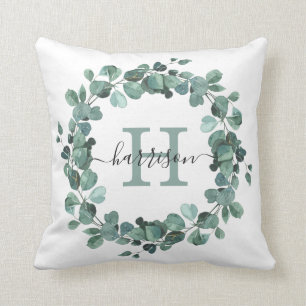 Waterverf Eucalyptus Wreath Greenery Monogram Kussen