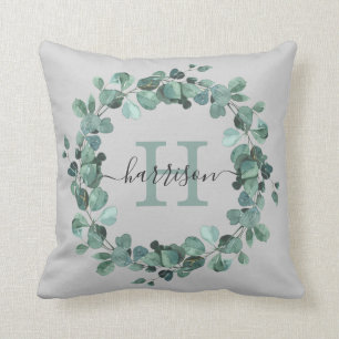 Waterverf Eucalyptus Wreath Greenery Monogram Kussen