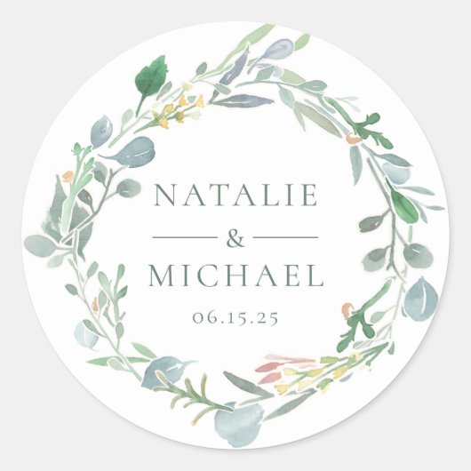 Waterverf Eucalyptus Wreath Greenery Wedding Ronde Sticker (Voorkant)