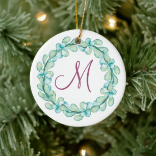 Waterverf Eucalyptus Wreatmonogram kerstmis Keramisch Ornament