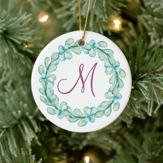 Waterverf Eucalyptus Wreatmonogram kerstmis Keramisch Ornament (Boom)