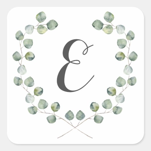 Waterverf Eucalyptusblad Lijst | Monogram Vierkante Sticker (Voorkant)