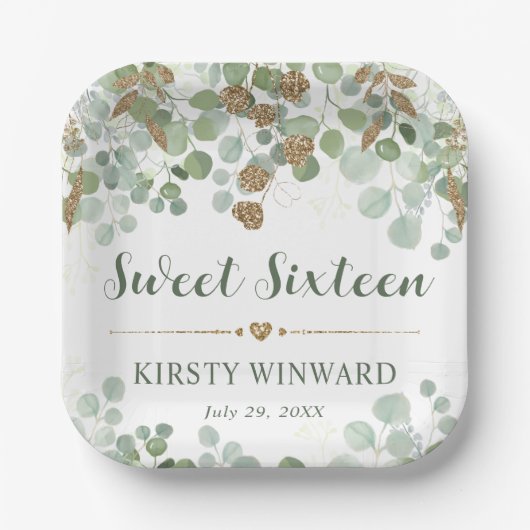 Waterverf Eucalyptusblad Sweet 16 Papieren Bordje (Voorkant)