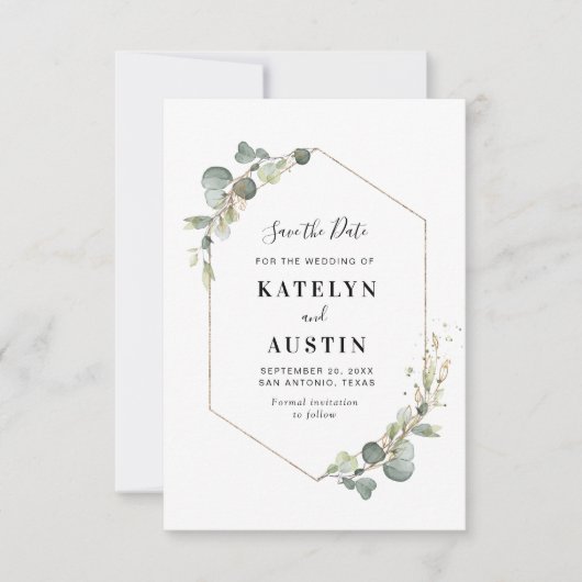 waterverf eucalyptusbladerblad met datumkaart save the date (Voorkant)