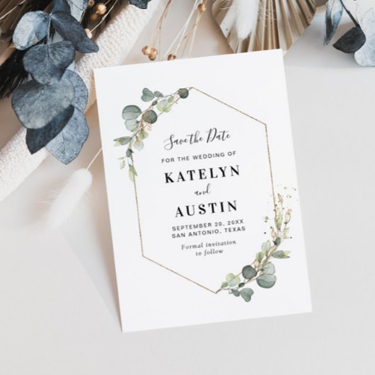 waterverf eucalyptusbladerblad met datumkaart save the date