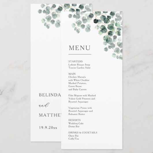 Waterverf Eucalyptusbladeren Bruiloft Menu (Voorkant / Achterkant)