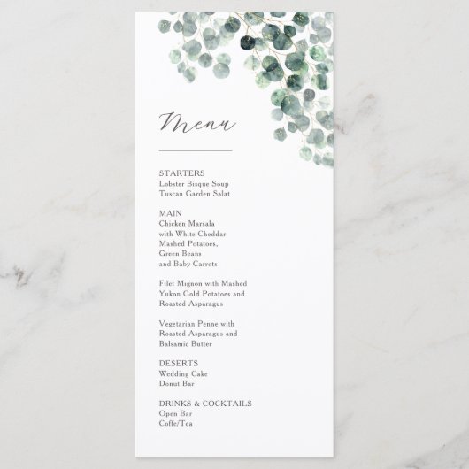Waterverf Eucalyptusbladeren Bruiloft Menu (Voorkant)