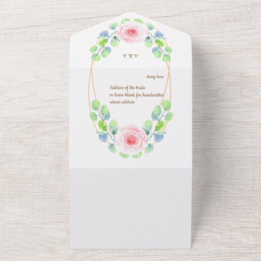 Waterverf Eucalyptusbladeren en Roze Bloem All In One Uitnodiging (Buitenkant)