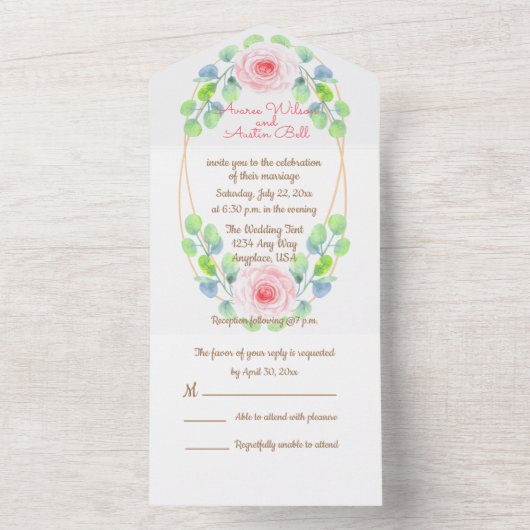 Waterverf Eucalyptusbladeren en Roze Bloem All In One Uitnodiging (Binnen)