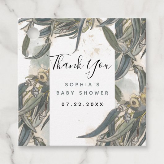 Waterverf Eucalyptusbladeren Groene Baby Shower Bedankjes Labels (Voorkant)