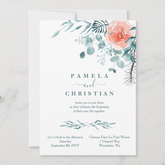 Waterverf Eucalyptusbladeren, Roze Roos, Winter We Kaart (Voorkant)